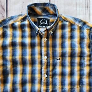 Cinch Plaid Short Sleeve Shirt Button Up Cowboy Western Blue Gold | Men's Size S